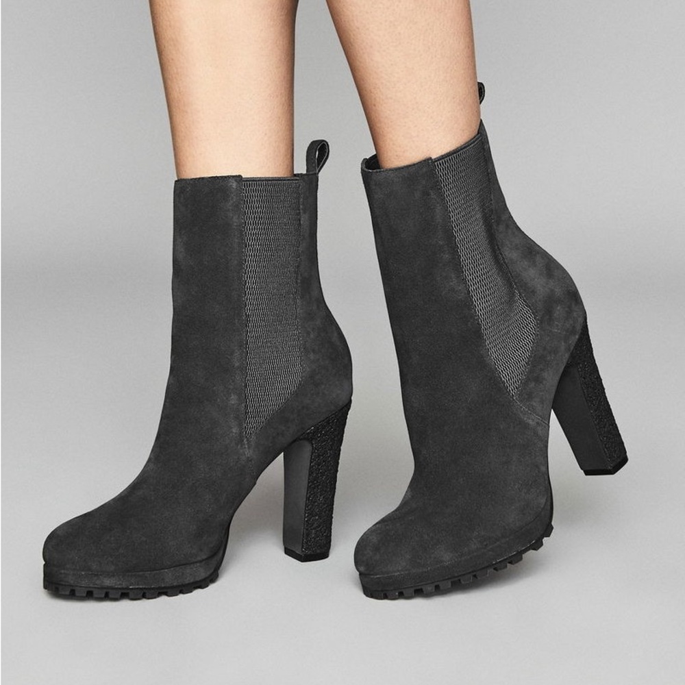 Reiss Amalia Grey Suede Calf Leather Heeled Ankle Sock Boots RETAILS FOR $350+